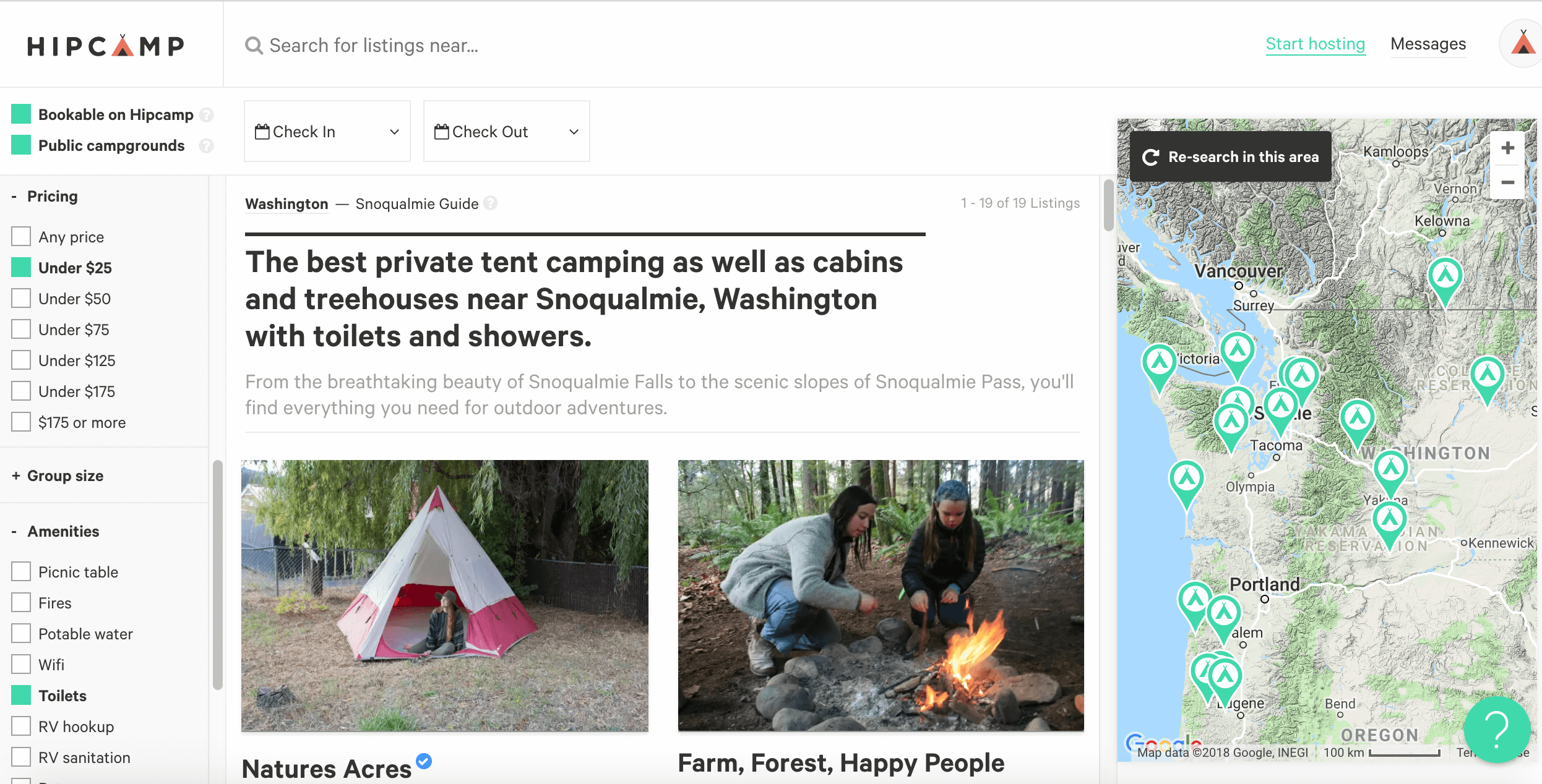 HipCamp site, ways to filter